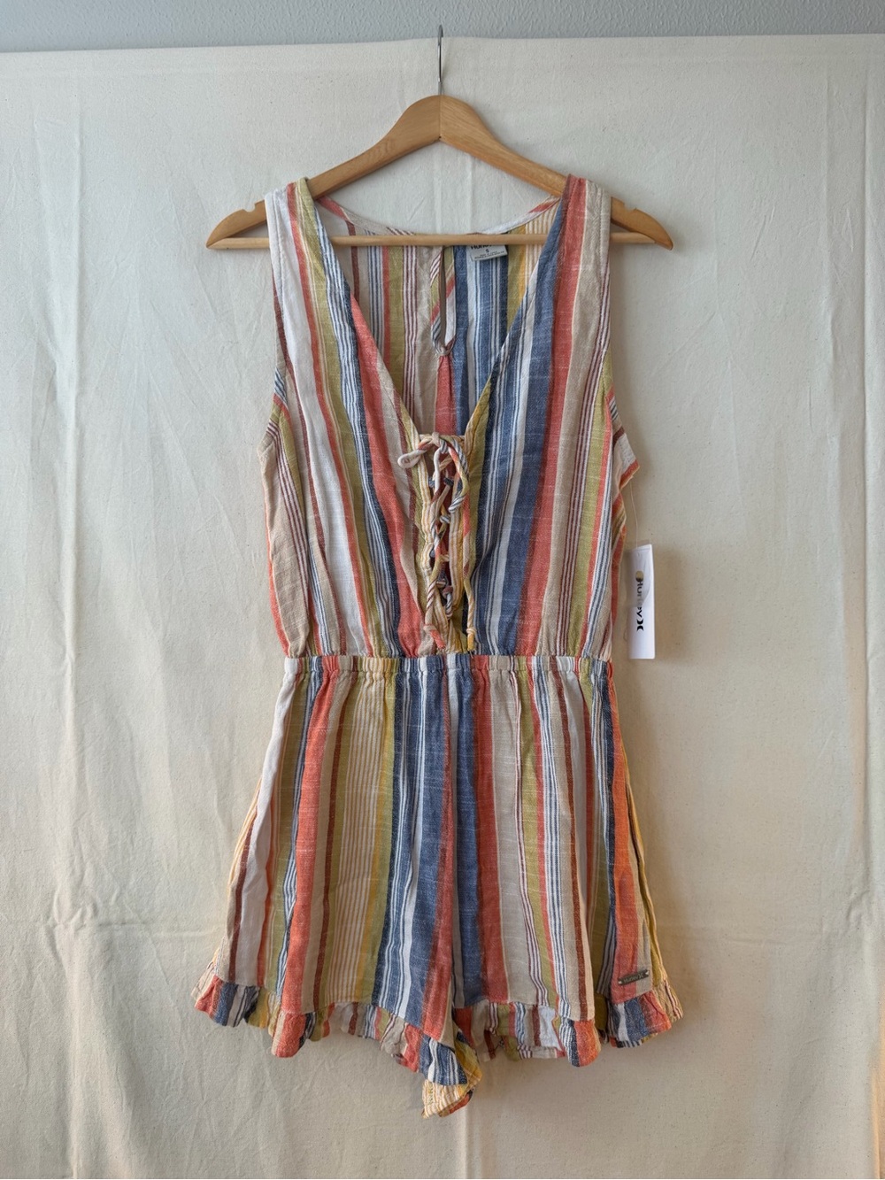 Hurley Multicolor Striped Tie-Front Romper — Blue, Orange, Yellow, Red Linen